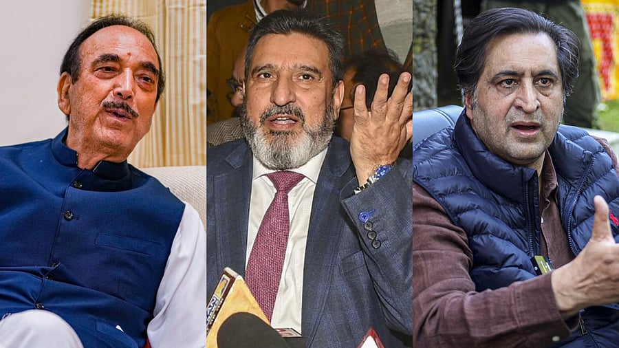 <div class="paragraphs"><p>Ghulam Nabi Azad (L), Altaf Bukhari(C) and Sajad Lone (R).</p></div>