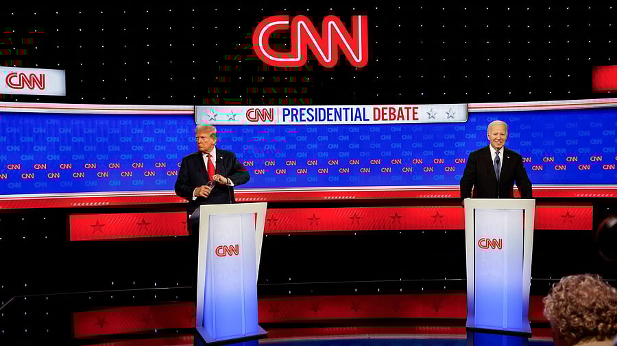 <div class="paragraphs"><p>US President Joe Biden and Republican presidential candidate and former US President Donald Trump attend the first presidential debate hosted by CNN in Atlanta, Georgia, US on June 27, 2024.</p></div>