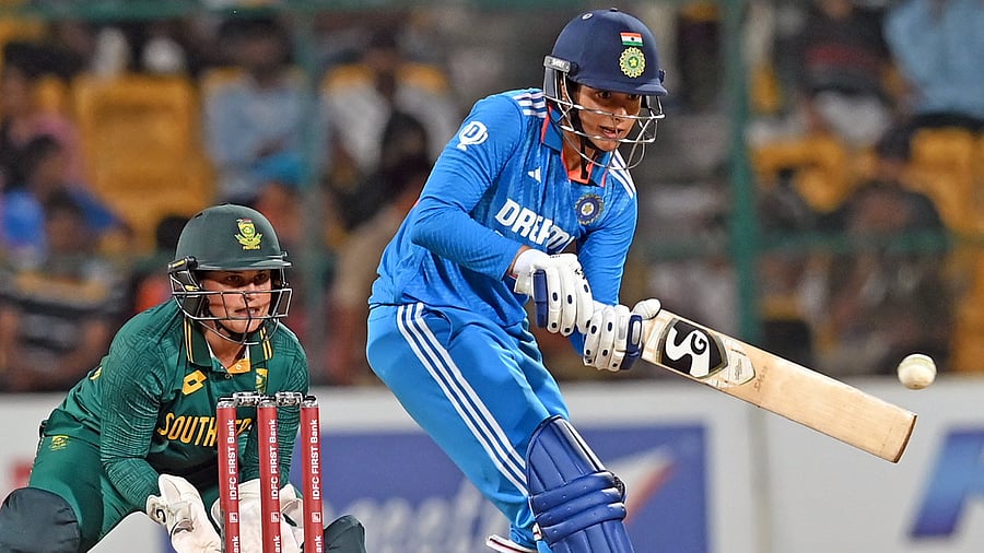 <div class="paragraphs"><p>India's Smriti Mandhana in action against South Africa's during their 3rd ODI at M Chinnaswamy Stadium in Bengaluru on Sunday. </p></div>