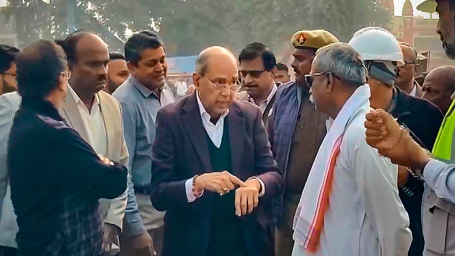 <div class="paragraphs"><p>Nripendra Misra, the chairman of Ram Mandir construction committee, inspects preparations ahead of Ram Temple consecration ceremony. </p></div>
