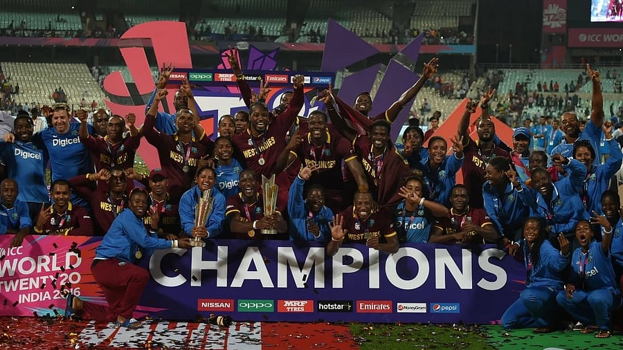 <div class="paragraphs"><p>West Indies cricketers celebrate after winning the T20 World Cup for the second time in 2016.</p><p>They are looking to win their 3rd title in the ongoing edition of the T20 World Cup, which they are co-hosting along with the USA. </p></div>