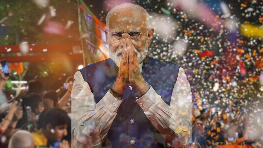 <div class="paragraphs"><p>PM Modi, people celebrating at BJP headquarters.</p></div>