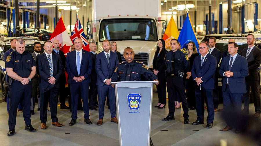 <div class="paragraphs"><p>Chief of Peel Regional Police Nishan Duraiappah speaks infront of the truck used for the heist as authorities give details of the arrests made one year after some 400 kg of gold and almost 2 million US dollars in cash were stolen from Toronto Pearson International Airport, at a press conference in Brampton, Ontario, Canada.</p></div>