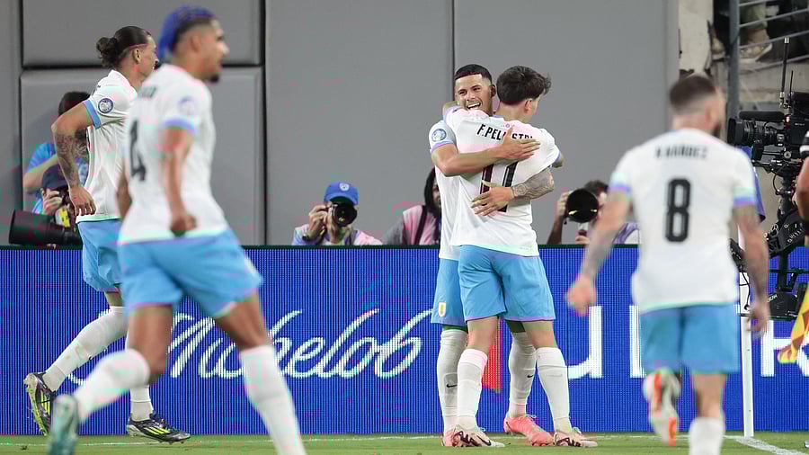 <div class="paragraphs"><p>Uruguay forward Maximiliano Araujo celebrates his goal with teammates during the second half of the Copa America match against Bolivia at MetLife Stadium in East Rutherford, NJ, USA on Jun 27, 2024.</p></div>