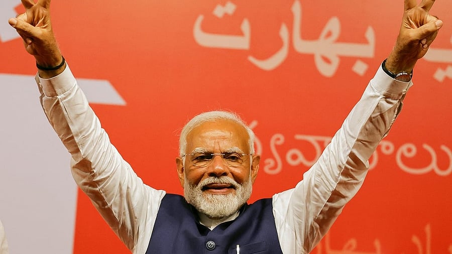 <div class="paragraphs"><p>Prime Minister Narendra Modi gestures, at the Bharatiya Janata Party  headquarters in New Delhi,  June 4, 2024. </p></div>