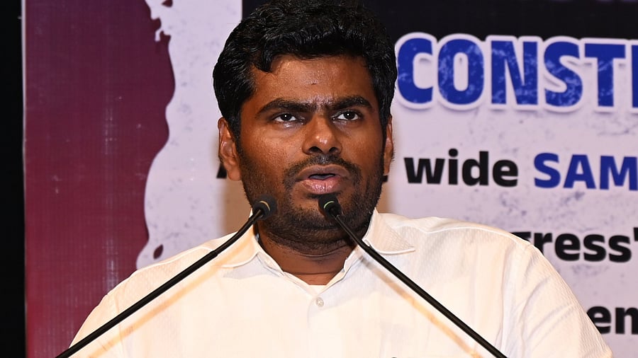 Tamil Nadu BJP president K Annamalai addresses a seminar in Bengaluru on Tuesday.