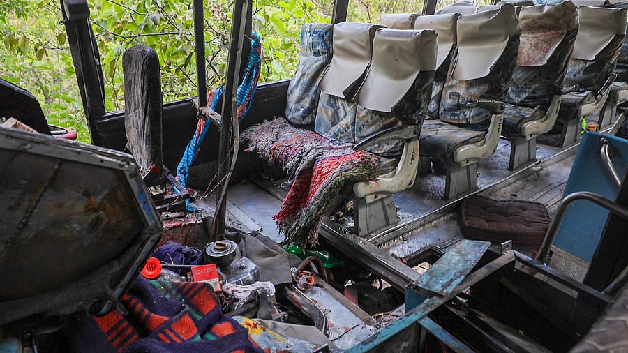 <div class="paragraphs"><p>The damaged inside of the bus carrying pilgrims that was ambushed by terrorists, in Reasi district of Jammu and Kashmir, Monday, June 10, 2024.</p></div>