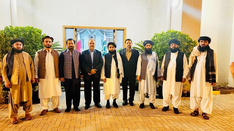 <div class="paragraphs"><p>Pakistan’s Special Representative in Afghanistan Asif Durrani (4th from left) during a meeting with Zabihullah Mujahid (5th from leaft), chief Taliban government spokesman, along with other officials.</p></div>