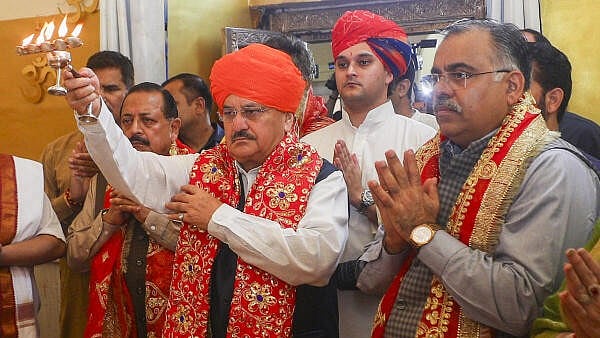 <div class="paragraphs"><p>Union Minster and BJP National President J P Nadda offers prayers at Raghunath temple, in Jammu.</p></div>