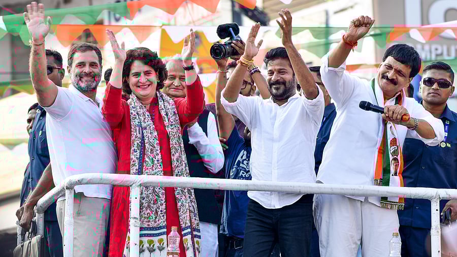 <div class="paragraphs"><p>Congress leader Rahul Gandhi with party's general secretary Priyanka Gandhi, state chief Revanth Reddy</p></div>