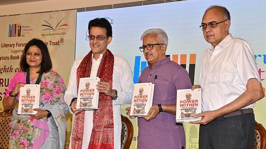 <div class="paragraphs"><p>The book titled "Power within-The leadership of legacy of Narendra Modi" authored by R Balasubramaniam (centre) is released at the second day of Mysuru Literature Fest on Sunday. Founder chairperson of MLFCT and curator of ML Fest-2024 Shubha Sanjay Urs, author Vikram Sampath and Founder and CEO of Excelsoft Technologies, Sudhanva Dhananjaya are seen. </p></div>