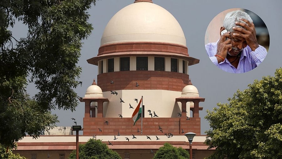 <div class="paragraphs"><p>A person in the aftermath of the Hathras stampede can be seen on the top right with the Supreme Court in the background</p></div>