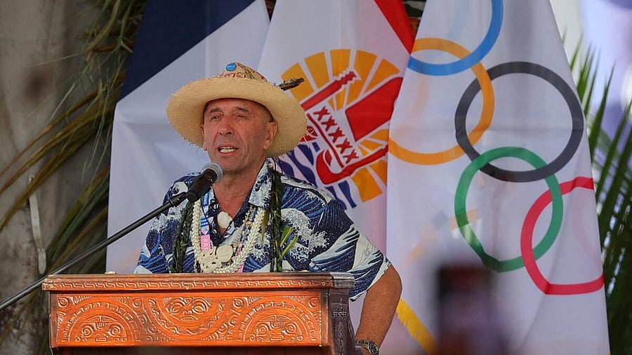 <div class="paragraphs"><p>President of the International Surfing Association Fernando Aguerre speaks on the day of Paris 2024 Olympics opening ceremony in Tahiti, French Polynesia.</p></div>