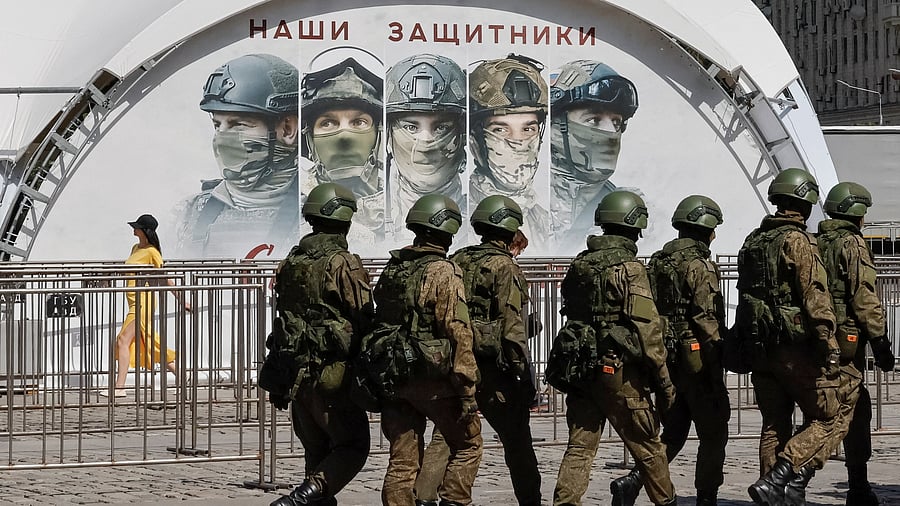 <div class="paragraphs"><p>Russian army servicemen walk at an exhibition displaying armoured vehicles and equipment captured by the Russian army from Ukrainian forces in the course of Russia-Ukraine conflict, at Victory Park open-air museum on Poklonnaya Gora in Moscow, Russia May 31, 2024. </p></div>