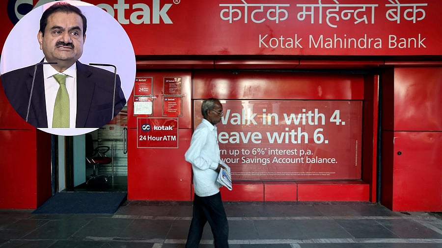 <div class="paragraphs"><p>A Kotak Mahindra bank branch. (inset: Gautam Adani)</p></div>
