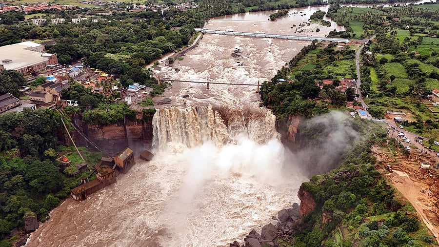 A drone-camera view of River Ghataprabha cascading at Gokak Falls in Belagavi district.