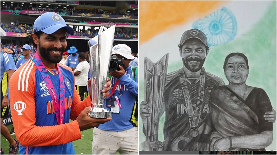 <div class="paragraphs"><p>Ravindra Jadeja with the World Cup trophy (left) and the sketch shared by the cricketer on Instagram. </p></div>