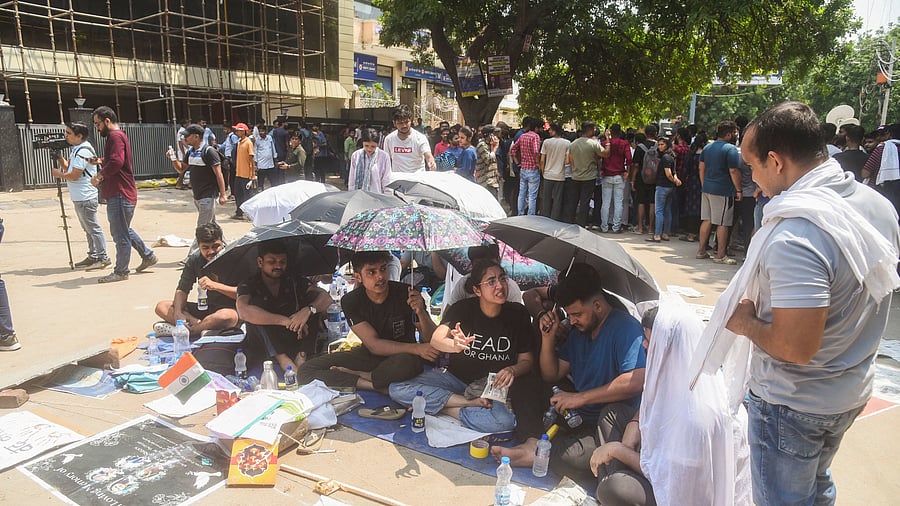 <div class="paragraphs"><p>New Delhi: Students stage a protest after three civil services aspirants died due to drowning at a coaching centre in Old Rajinder Nagar area, in New Delhi, Tuesday, July 30, 2024. </p></div>