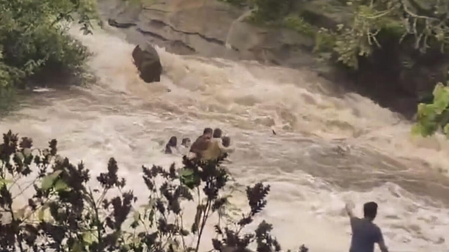 <div class="paragraphs"><p>Five persons, including a woman, are feared drowned in a waterfall close to the backwater of Bhushi Dam in Pune's Lonavala area, Sunday, June 30, 2024.</p></div>