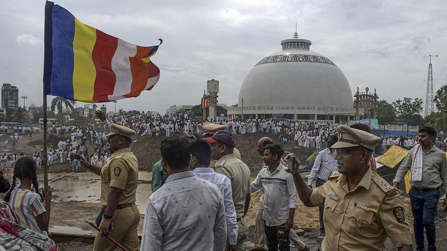 <div class="paragraphs"><p>B R Ambedkar followers stage a protest over the construction of an underground parking at the at Deekshabhoomi premises.</p></div>