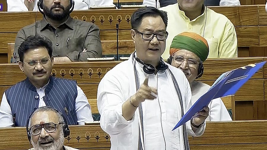 <div class="paragraphs"><p>Union Minister Kiren Rijiju speaks in the Lok Sabha during the Monsoon session of Parliament, in New Delhi.</p></div>