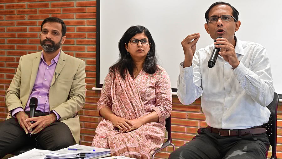 <div class="paragraphs"><p>Santosh Naragund, Head, Participatory Governance, Janaagraha Centre for Citizenship & Democracy, speaks at a discussion on Bengaluru's future governance at Cobalt on Church Street on Thursday. CEO Srikanth Vishwanathan and VR Vachana of Municipal Law and Policy Programme at Janaagraha were also present. </p></div>
