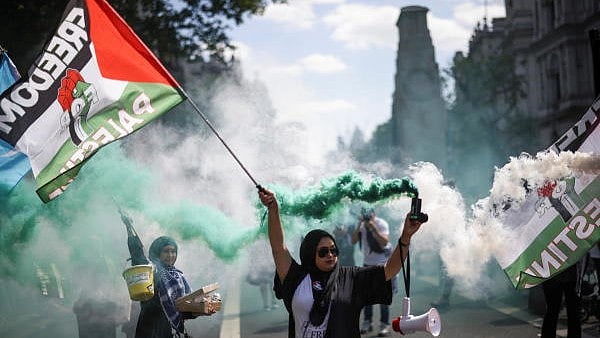 <div class="paragraphs"><p>A protester carries a smoke flare during a pro-Palestine demonstration. </p></div>