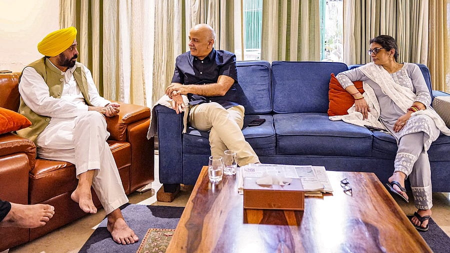 <div class="paragraphs"><p>Punjab Chief Minister Bhagwant Mann during a meeting with AAP leader Manish Sisodia, in Delhi.</p></div>