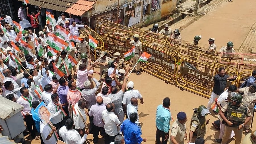 Police barricade the road leading to BJP leader B S Yediyurappa’s house in Shikaripura of Shivamogga district on Sunday.