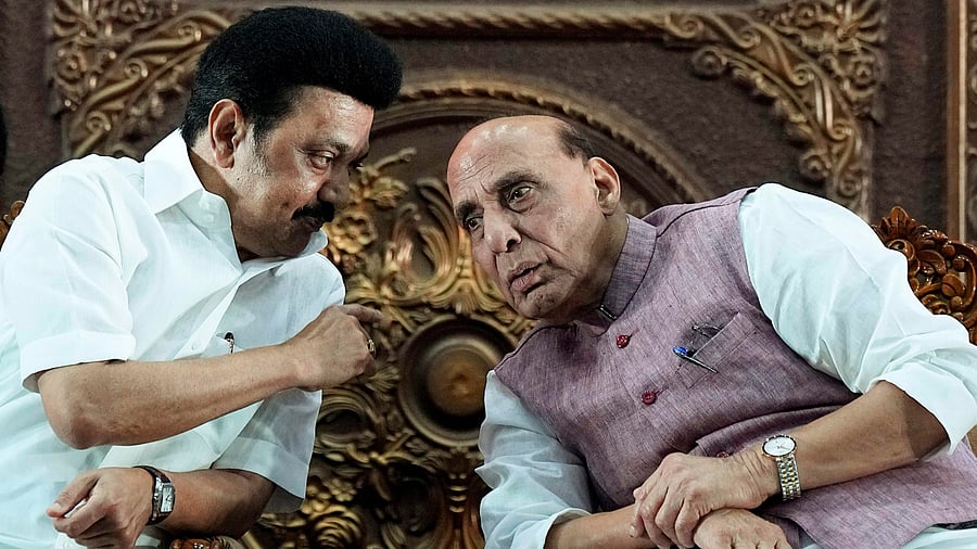<div class="paragraphs"><p>Union Defence Minister Rajnath Singh and Tamil Nadu Chief Minister MK Stalin during the release of a commemorative coin on late DMK leader and former Tamil Nadu Chief Minister M Karunanidhis birth centenary year, in Chennai, Sunday. </p></div>