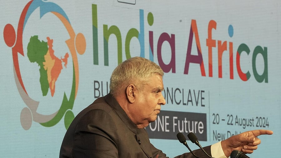 <div class="paragraphs"><p>Vice President Jagdeep Dhankhar addresses the 19th CII India Africa Business Conclave, in New Delhi, Wednesday, August 21, 2024.</p></div>