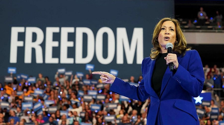 <div class="paragraphs"><p>US Vice President and Democratic presidential candidate Kamala Harris speaks at a campaign rally in Milwaukee, Wisconsin, US.</p></div>