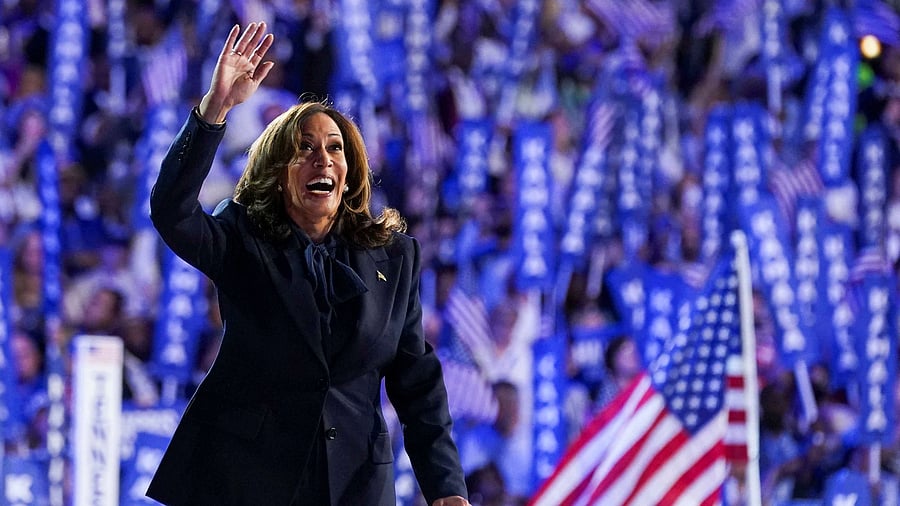 <div class="paragraphs"><p>Democratic presidential nominee and US Vice President Kamala Harris gestures at the Democratic National Convention at the United Center in Chicago, Illinois, US, August 22, 2024. </p></div>