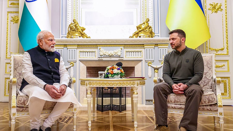 <div class="paragraphs"><p>Prime Minister Narendra Modi during a meeting with Ukrainian President Volodymyr Zelenskyy, at Mariinskyi Palace in Kyiv, Ukraine, Friday, Aug. 23, 2024. </p></div>