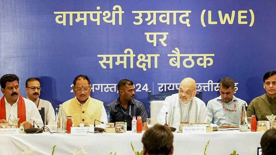 <div class="paragraphs"><p>File Photo: Union Home Minister Amit Shah, Chhattisgarh Chief Minister Vishnu Deo Sai, Deputy Chief Minister Vijay Sharma and others during a meeting of the Inter-State Coordination Committee of Naxal-affected states.&nbsp;</p></div>