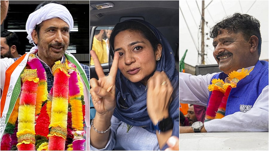 <div class="paragraphs"><p>Congress candidate from Dooru Ghulam Ahmad Mir(L), PDP's candidate from Bijbehara Iltija Mufti(C) and BJP candidate from Bijbehara Sofi Yousuf(R).</p></div>