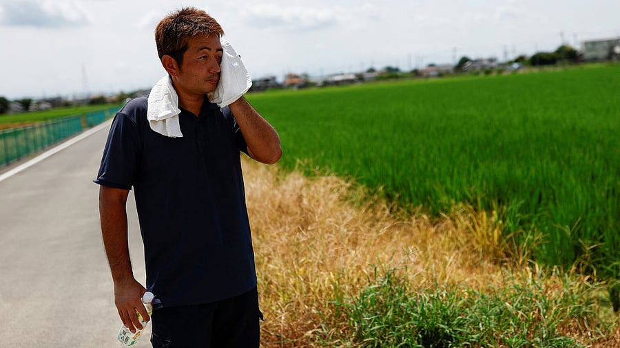 <div class="paragraphs"><p>Yukihiro Kurosawa, a 39-year-old farmer, wipes his sweat during a hot summer day, near his fields in Meiwa, Gunma prefecture, Japan.</p></div>