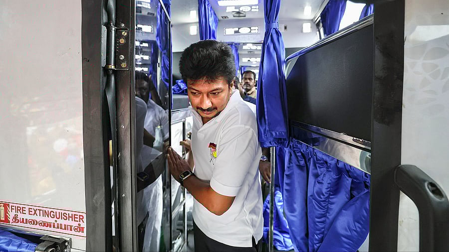 <div class="paragraphs"><p> Tamil Nadu Youth Welfare and Sports Development Minister Udhayanidhi Stalin during the inauguration of the 150 state-of-the-art luxury buses with seat and sleeper, in Chennai. </p></div>