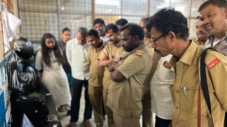 A training session conducted by Durga India for BMTC drivers and conductors at the Deepanjalinagar bus depot.