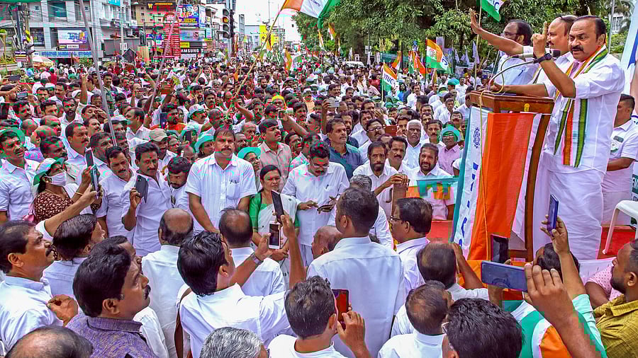 <div class="paragraphs"><p>Leader of Opposition in Kerala Assembly V D Satheesan speaks during a protest. </p></div>