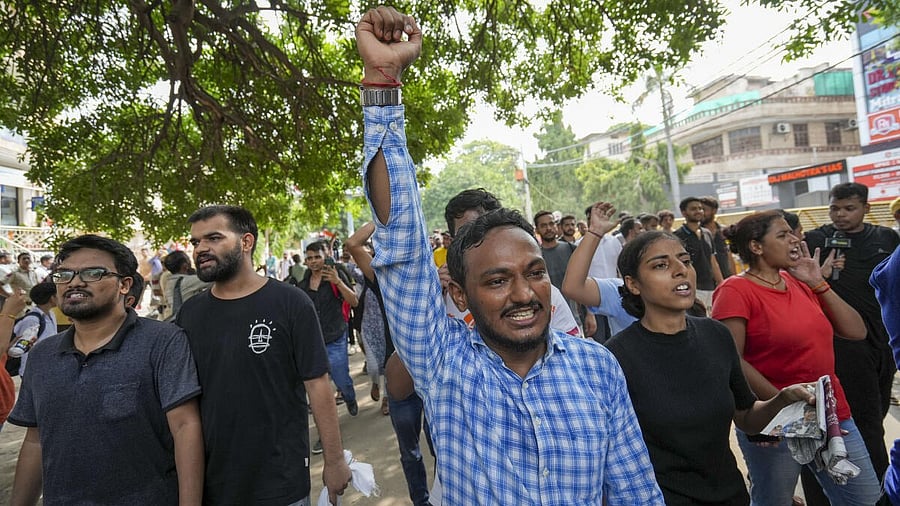 <div class="paragraphs"><p>Students raise slogans during a protest over the deaths of three civil services aspirants due to drowning at a coaching centre in Old Rajinder Nagar area, in New Delhi. </p></div>