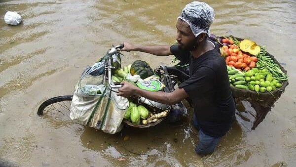 <div class="paragraphs"><p>A vegetable vendor wades through a water logged street after heavy rainfall at Anil Nagar, in Guwahati, Sunday. </p></div>