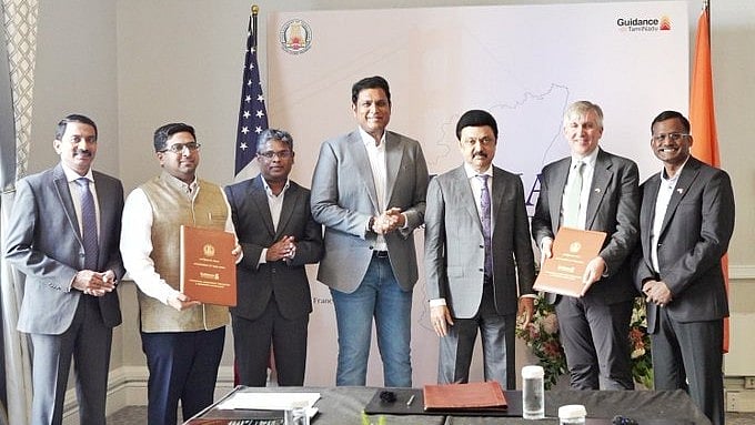 <div class="paragraphs"><p>Tamil Nadu CM M K Stalin and other government officials during the MoU signing between Ohmium International and the Tamil Nadu government in San Francisco, USA.</p></div>