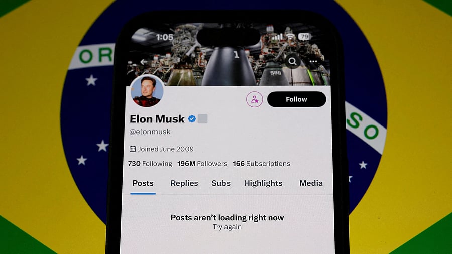 <div class="paragraphs"><p>The X account of Elon Musk in seen blocked on a mobile screen in this illustration after Brazil's telecommunications regulator suspended access to Elon Musk's X social network in the country to comply with an order from a judge who has been locked in a months-long feud with the billionaire investor, Sao Paulo, Brazil.</p></div>