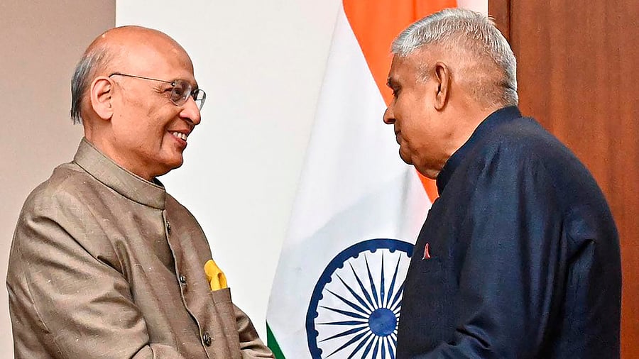 <div class="paragraphs"><p>Vice President Jagdeep Dhankhar (R) with elected Member of Rajya Sabha Abhishek Manu Singhvi (L) after the latter's oath taking ceremony, at Parliament House in New Delhi.</p></div>