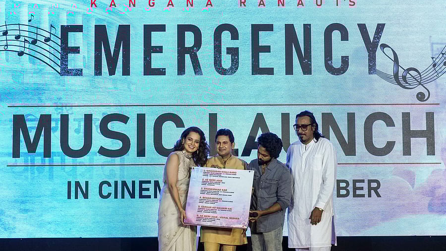 <div class="paragraphs"><p>(L-R) Actor and BJP MP Kangana Ranaut with lyricist Manoj Muntashir and musicians G V Prakash Kumar and Arko Pravo Mukherjee during music launch of the film 'Emergency', in New Delhi.</p></div>