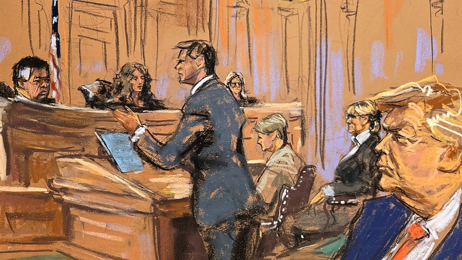 <div class="paragraphs"><p>Writer Jean Carroll and Republican presidential nominee and former US President Donald Trump look on as Lawyer John Sauer argues for him before justices Denny Chin, Myrna Perez and Susan Carne.</p></div>