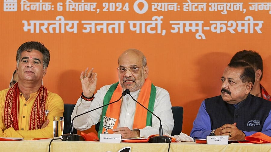 <div class="paragraphs"><p>Union Home Minister Amit Shah  addresses the media after the release of the party’s election manifesto ahead of the state Assembly elections, in Jammu.&nbsp;</p></div>