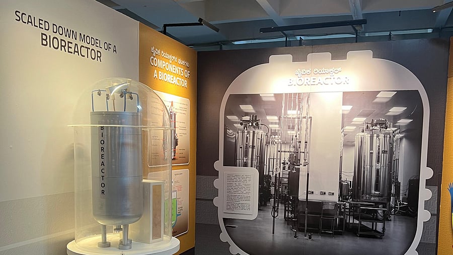 A scaled down model of a bioreactor on display at the exhibition.