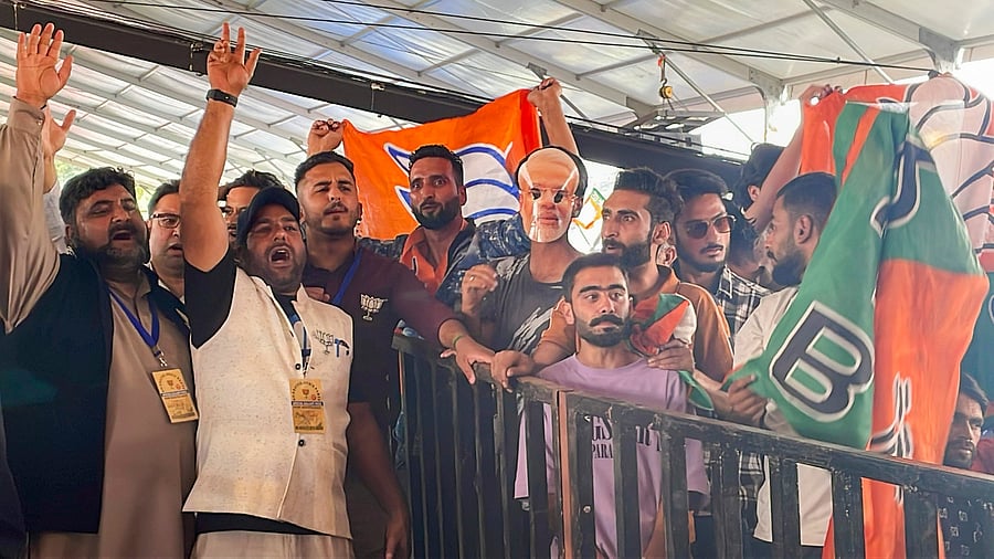<div class="paragraphs"><p>BJP supporters at the venue of Prime Minister Narendra Modi's public meeting for Jammu & Kashmir elections, in Srinagar.</p></div>